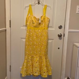 J. Crew Eyelet canary yellow floral midi dress with flounce hem size 4 bow ties